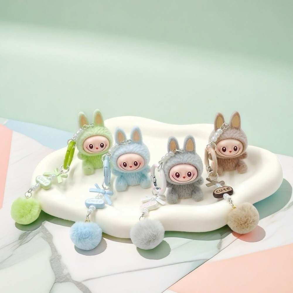 10PCs Fuzzy Labubu Keychains with Pom-pom. Cute Monster Bunny Charm-Not Pop Mart - Picture 4 of 16